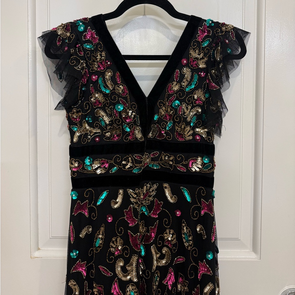 Floral Beaded Mermaid Gown With Flutter Cap Sleeves In Black